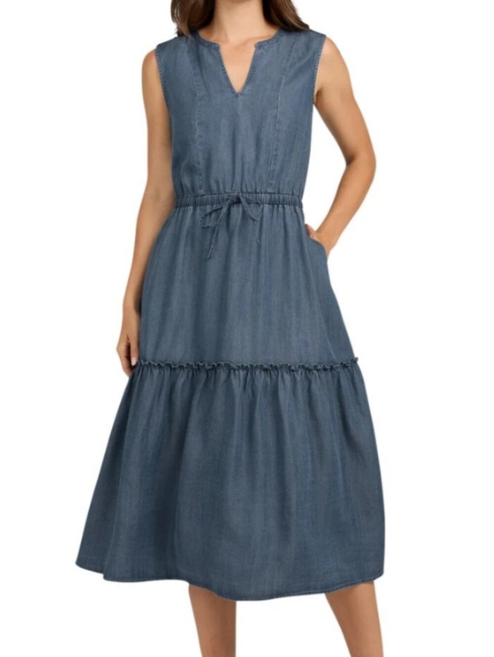 Lands' End Sleeveless Chambray Tiered Midi Dress - Denim Blue